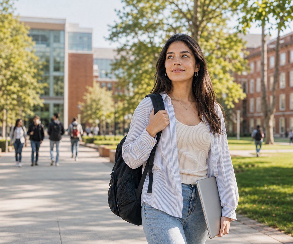 Estudiante caminando por el campus de una universidad en Estados Unidos