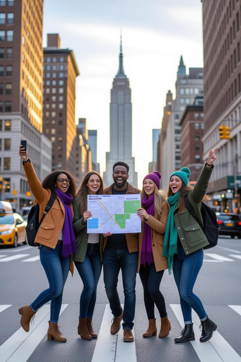 Grupo de viajeros celebrando en NYC con mapa de viaje - USAVisa Travel