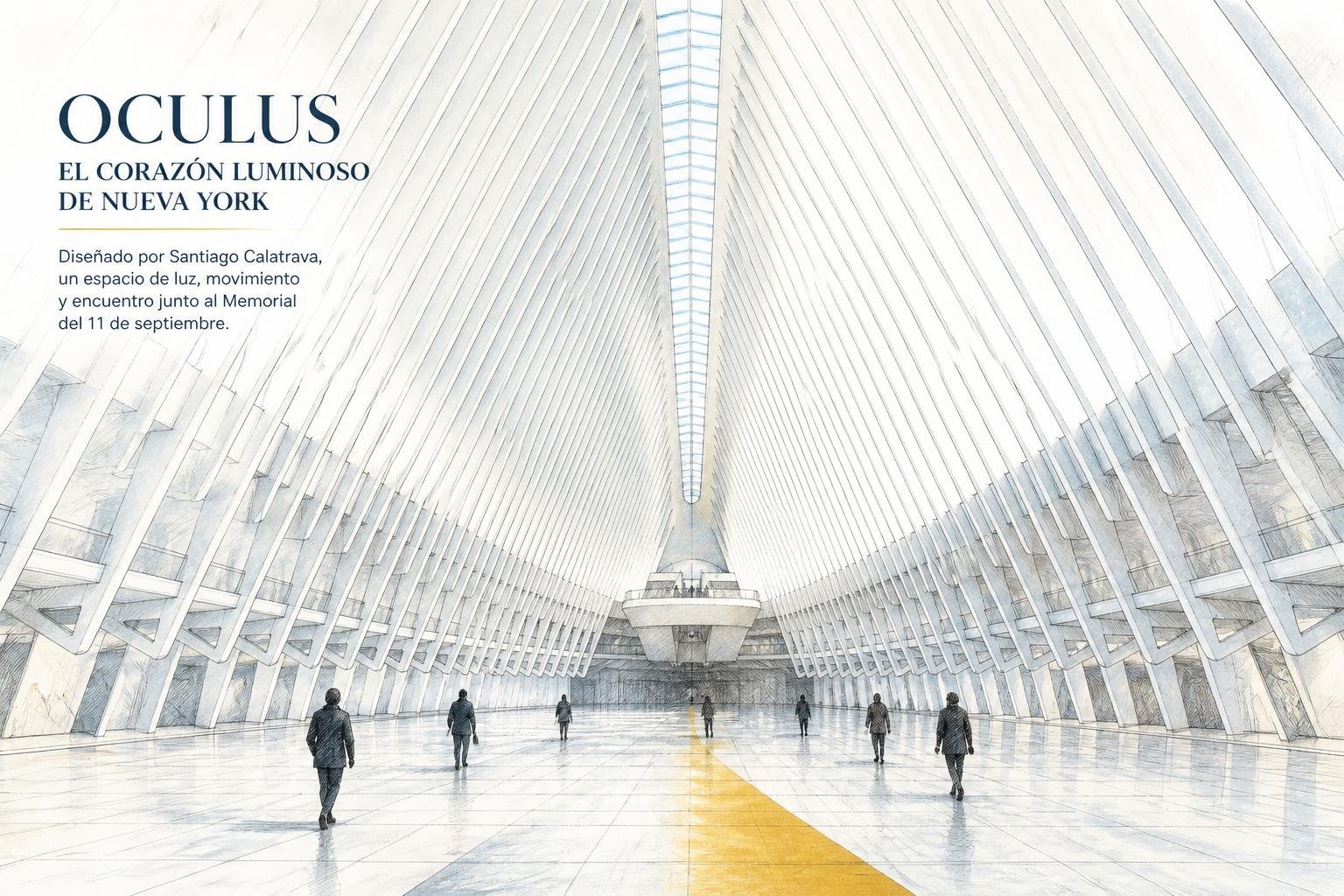 Ilustración arquitectónica a tinta del interior del Oculus de Santiago Calatrava, con sus costillas blancas y luz natural cenital