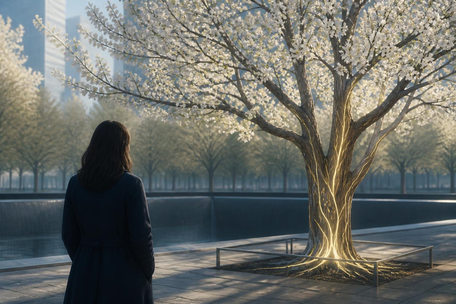 Ilustración pictórica del Survivor Tree, el peral que sobrevivió al 11 de septiembre, florecido entre los robles de la plaza del Memorial