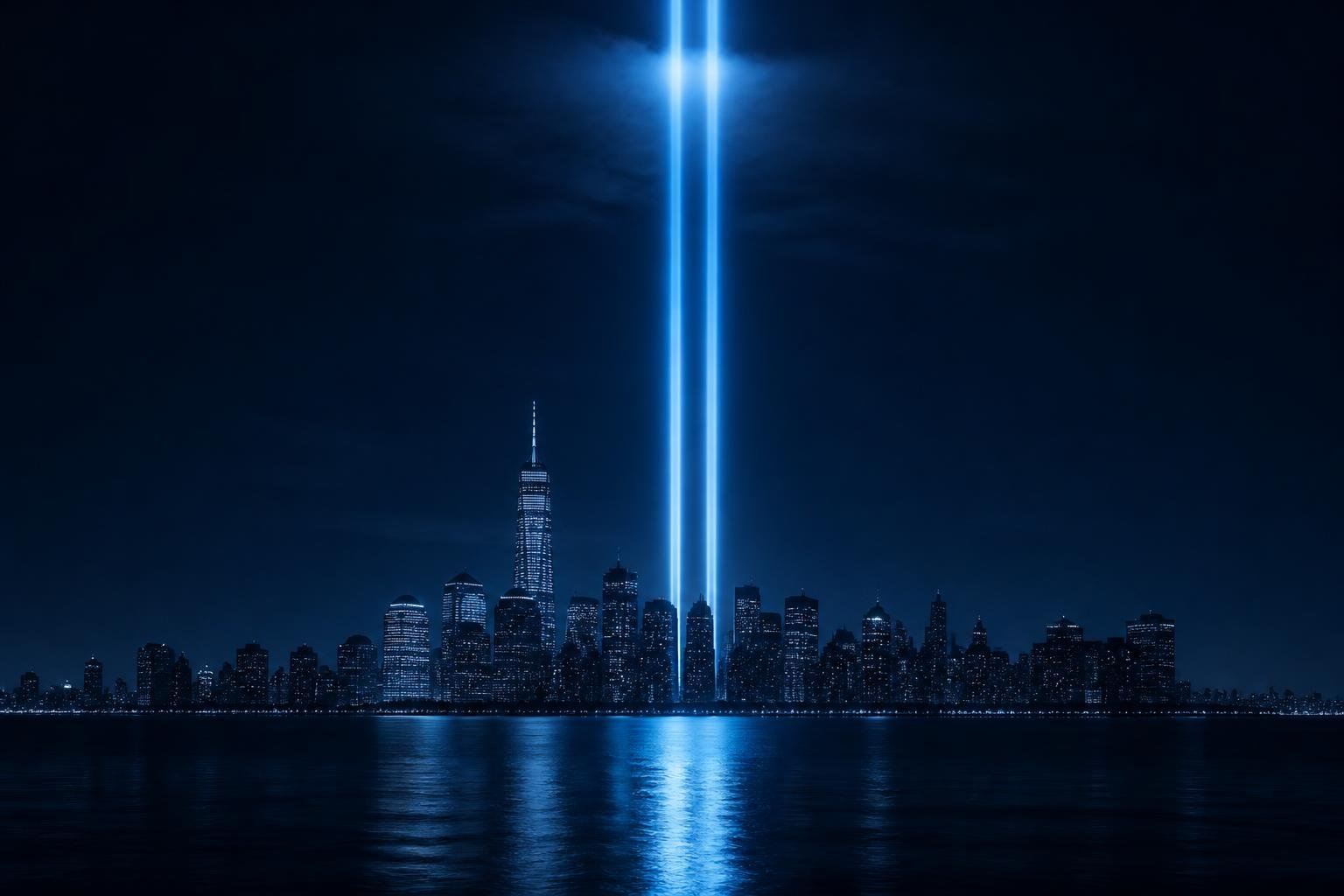 Ilustración editorial minimalista de los dos haces de luz del Tribute in Light elevándose sobre la silueta nocturna del Bajo Manhattan
