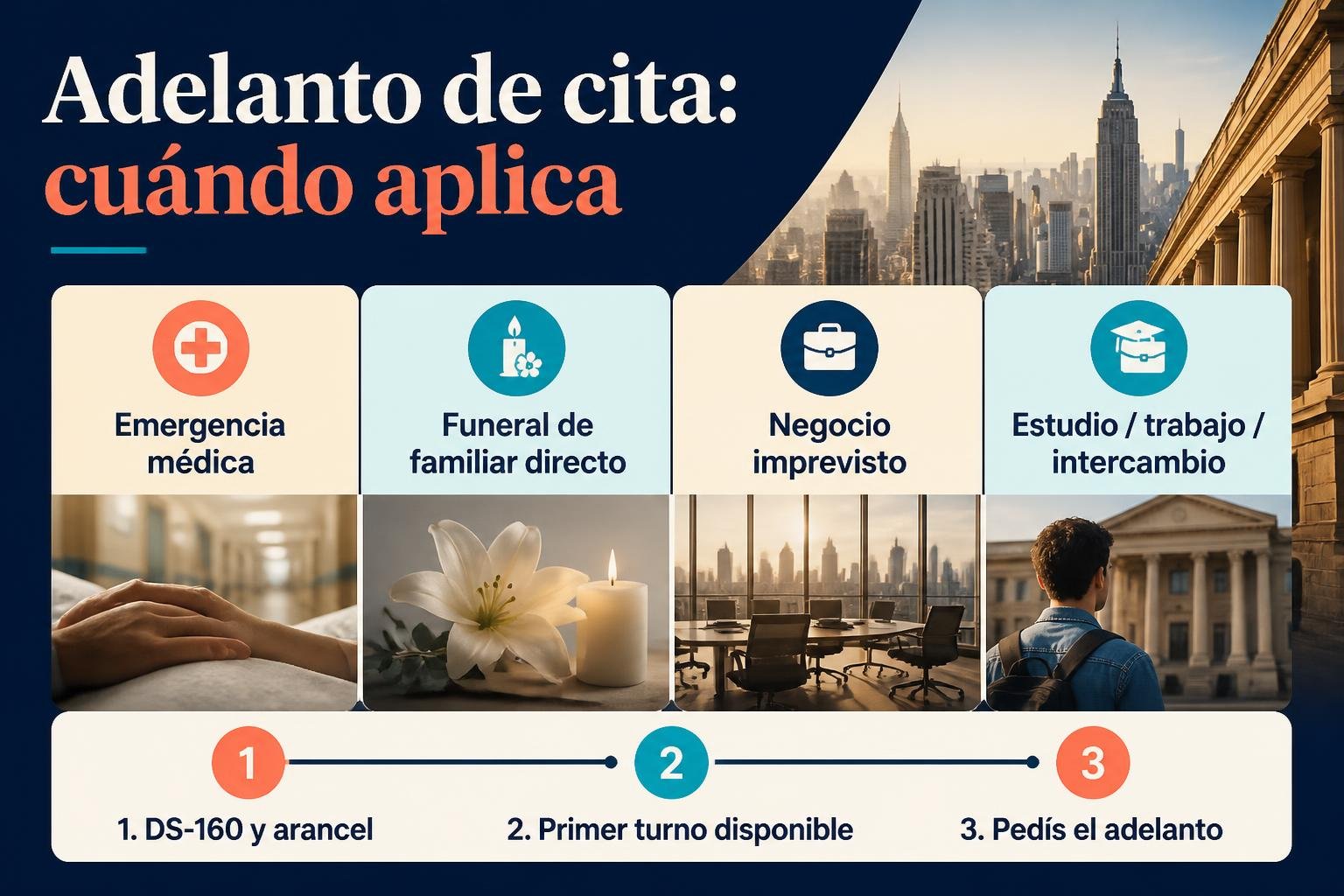 Infografía editorial en castellano con los cuatro motivos aceptados para el adelanto de cita y los pasos del pedido