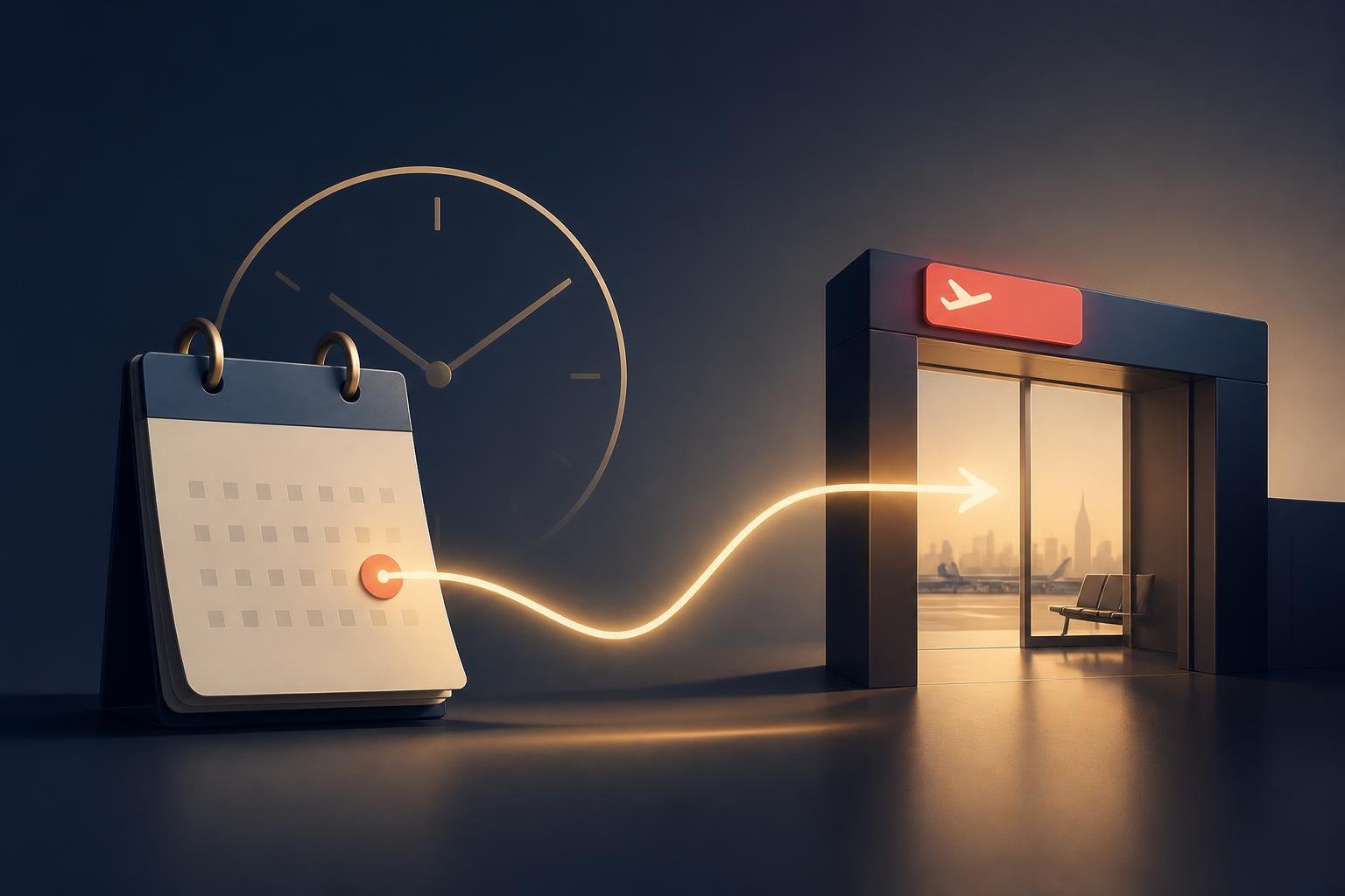 Imagen conceptual minimalista de un calendario y una puerta de embarque conectados por una línea de tiempo, que sugiere la urgencia de adelantar una fecha