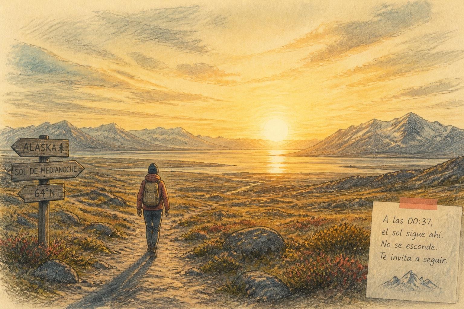 Ilustración editorial a lápiz y acuarela de una viajera caminando por un sendero de Alaska bajo el sol de medianoche