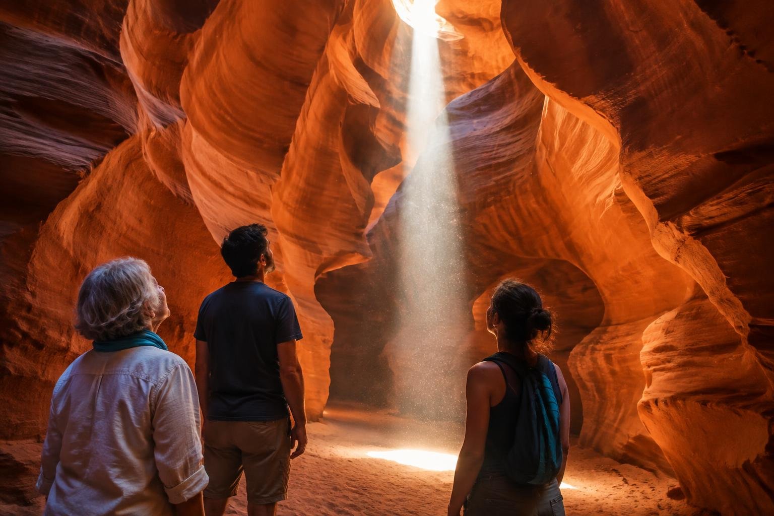 Haz de luz entrando por la grieta de un cañón angosto de arenisca naranja mientras un grupo reducido de visitantes espera su turno