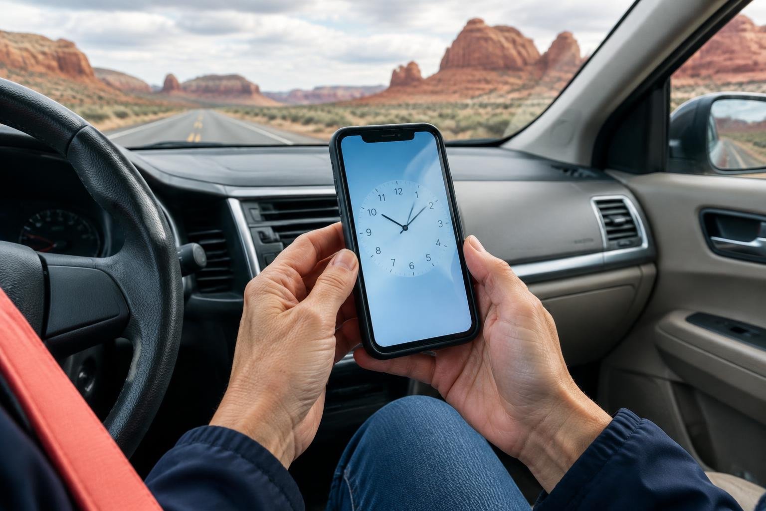 Manos sosteniendo un celular con el reloj en pantalla dentro de un auto estacionado al costado de una ruta del desierto
