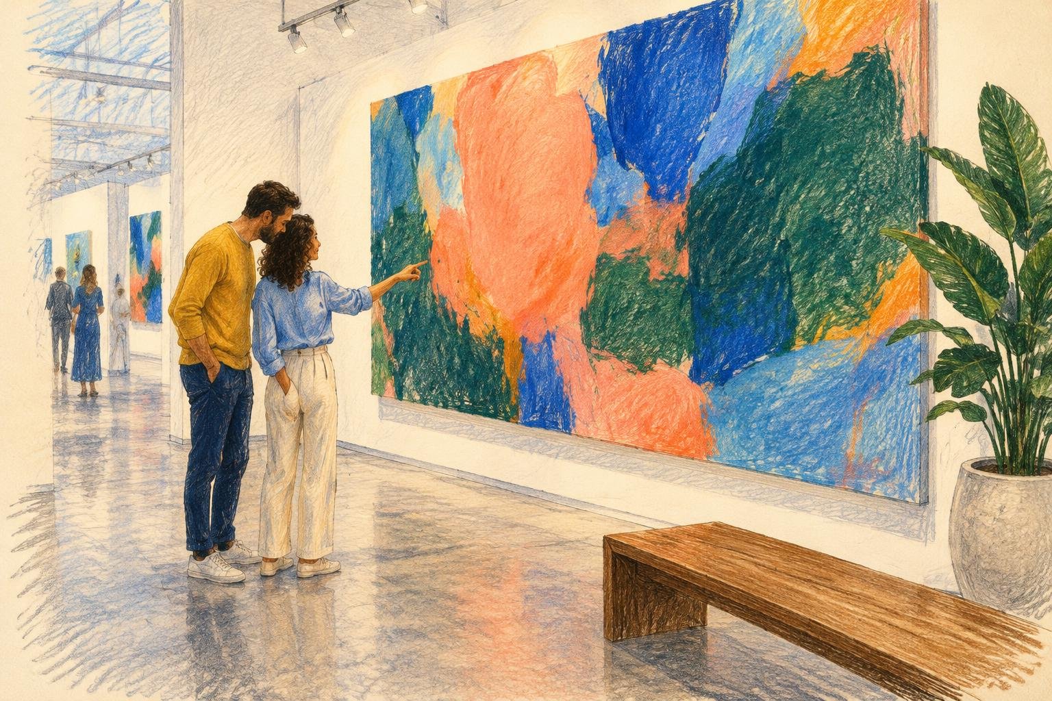 Una pareja mira una obra de gran formato en el stand de una galería latinoamericana