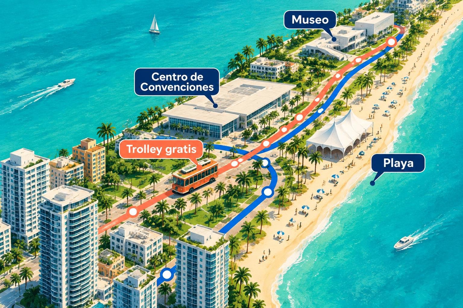 Mapa ilustrado de Miami Beach con las ferias de la semana del arte, el museo y las rutas del trolley gratuito