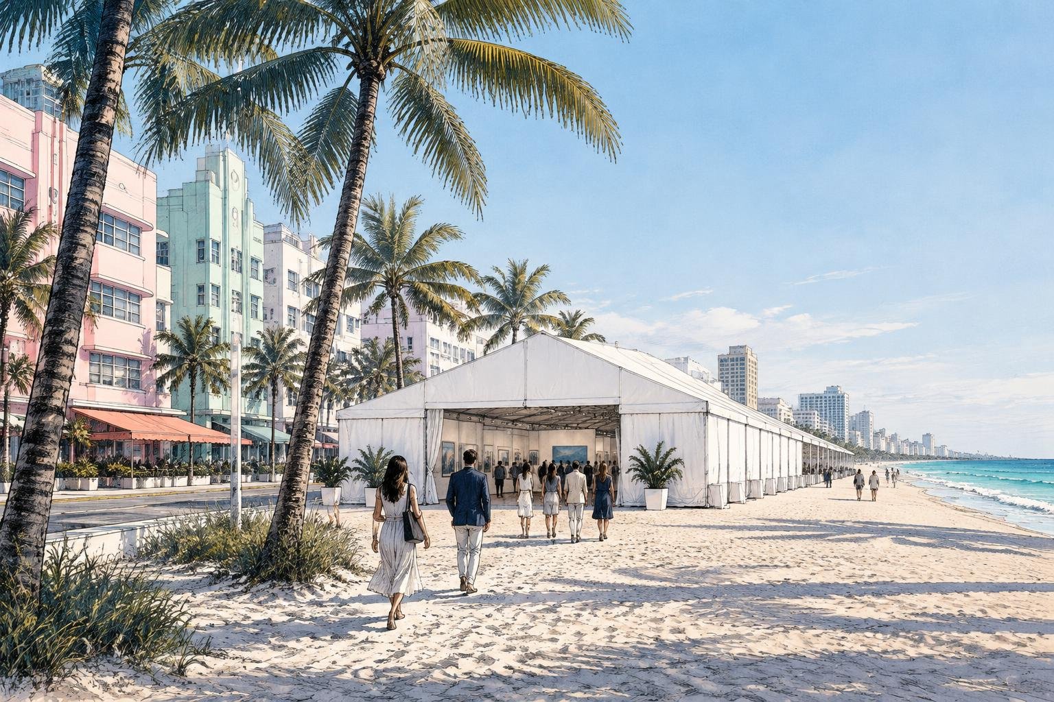 Carpa blanca de una feria de arte montada sobre la arena de South Beach, frente a Ocean Drive