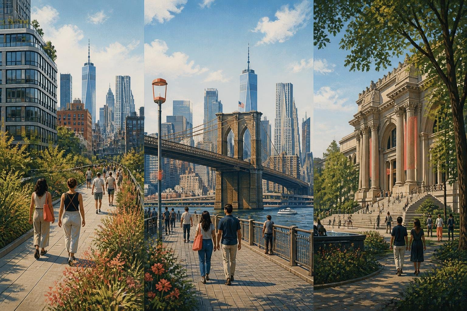Ilustración estilo póster de viaje con tres alternativas fuera de la zona de cierres: el High Line, el puente de Brooklyn y un gran museo junto a Central Park