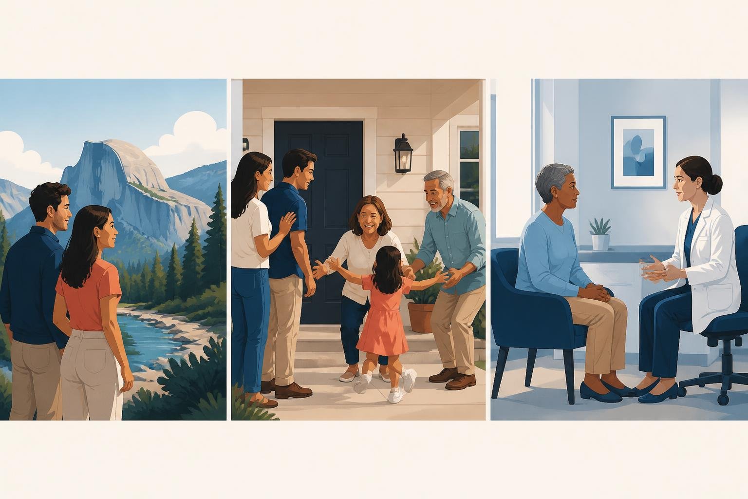 Ilustración flat vector de los tres usos de la visa B2: unas vacaciones familiares, un reencuentro con parientes y una consulta médica