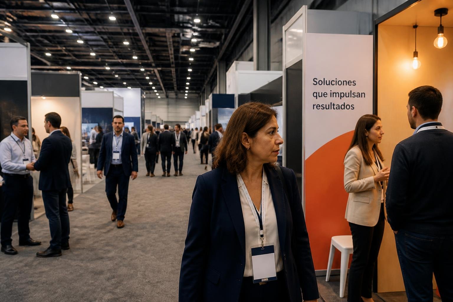 Escena documental de una feria profesional en un centro de convenciones de Estados Unidos, con visitantes recorriendo stands