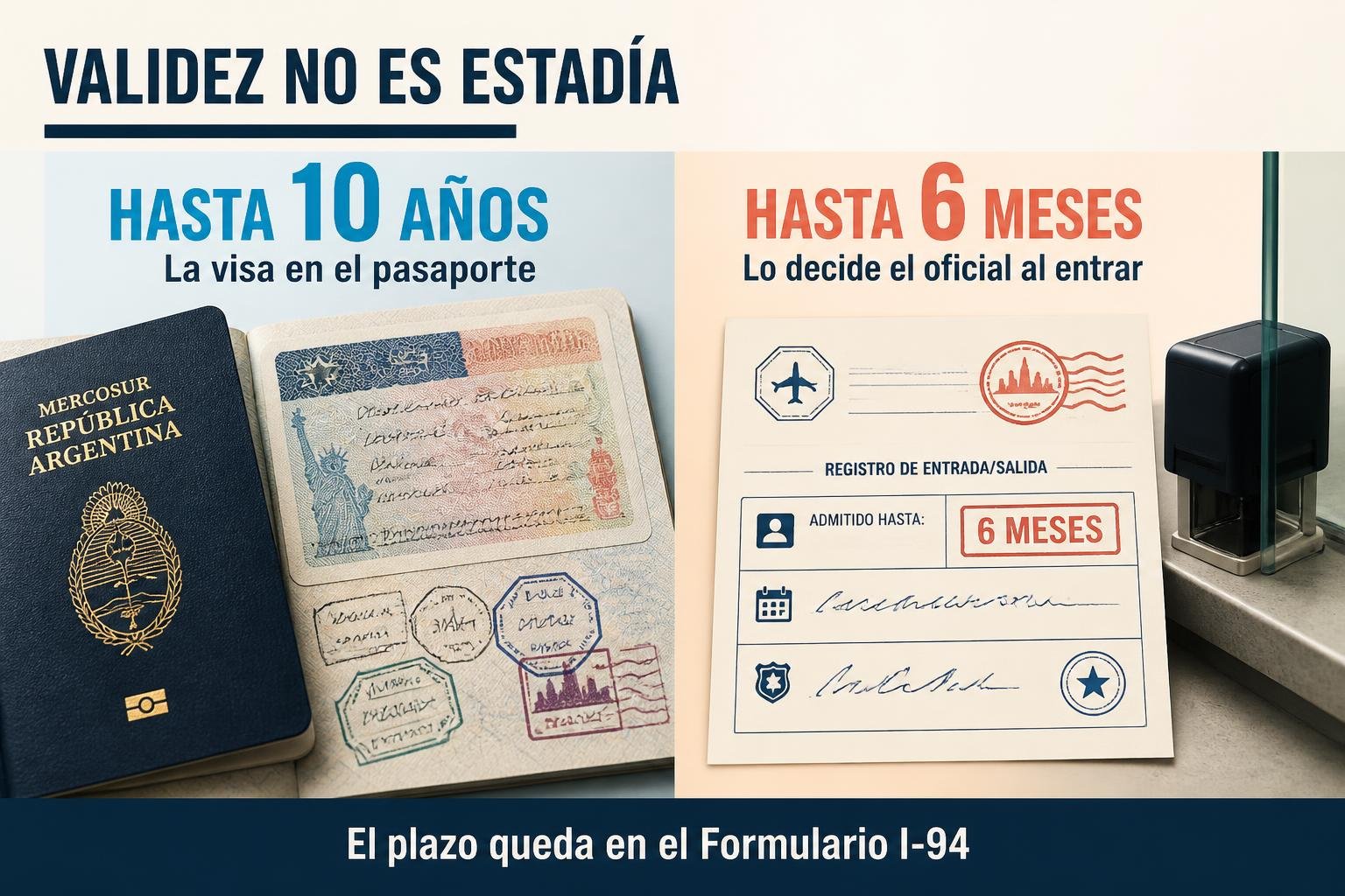 Infografía editorial que contrasta los diez años de validez del sello de la visa con los seis meses máximos de estadía que define el oficial de migraciones