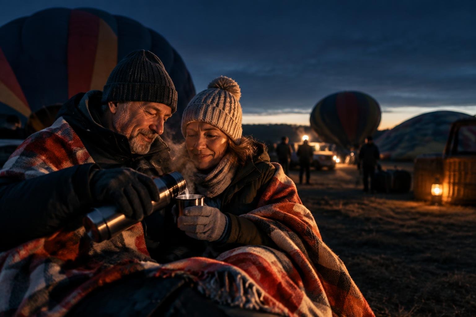 Público abrigado con gorro y guantes esperando en la oscuridad antes del amanecer