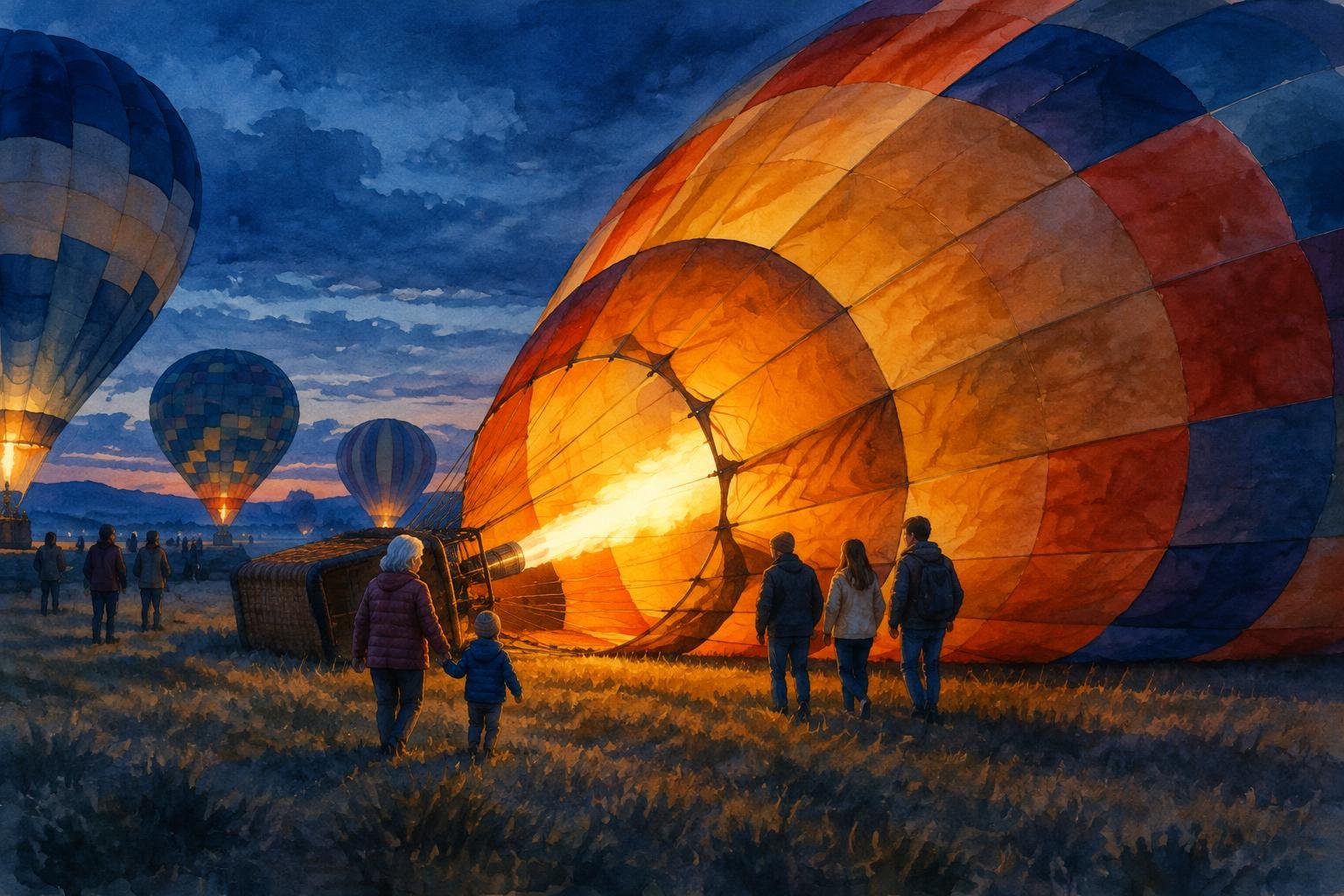 Globos inflándose en el campo mientras el público camina entre ellos antes del despegue