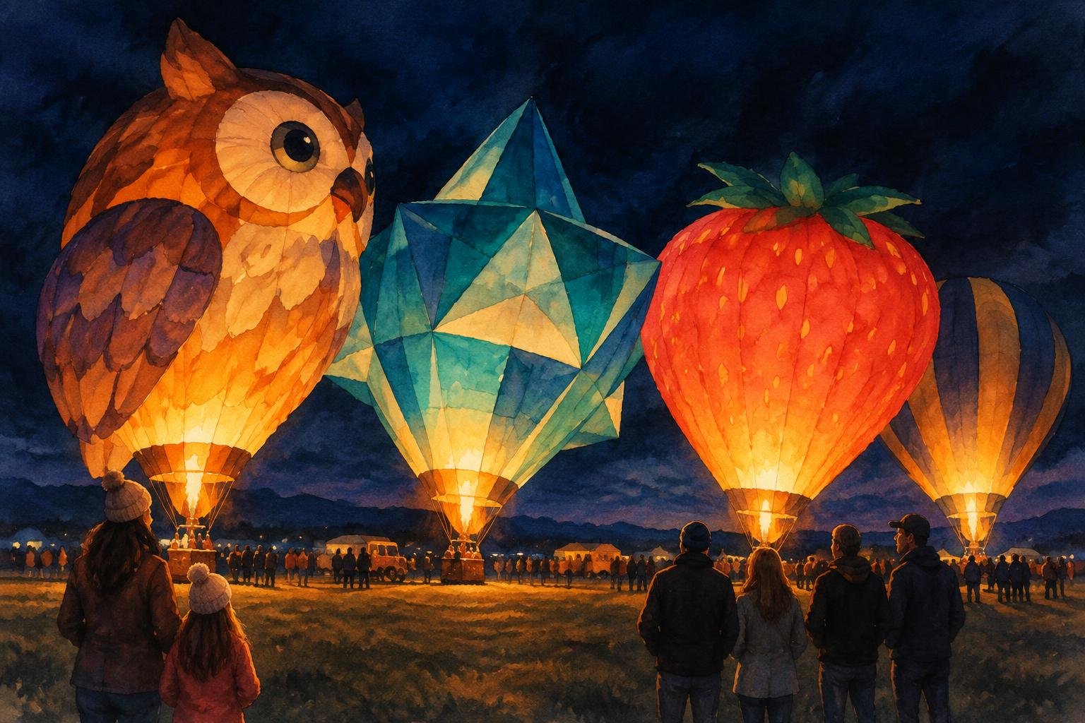 Globos con formas especiales encendidos de noche durante el Glowdeo