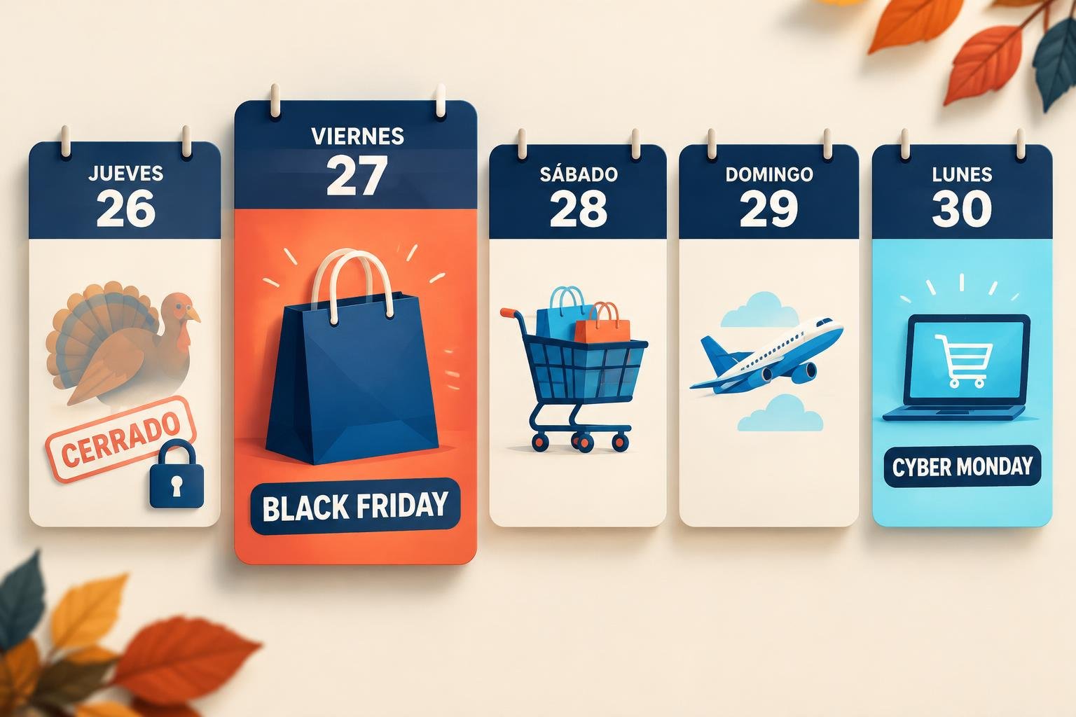 Calendario ilustrado de la semana de Thanksgiving con el jueves cerrado, el Black Friday y el Cyber Monday marcados