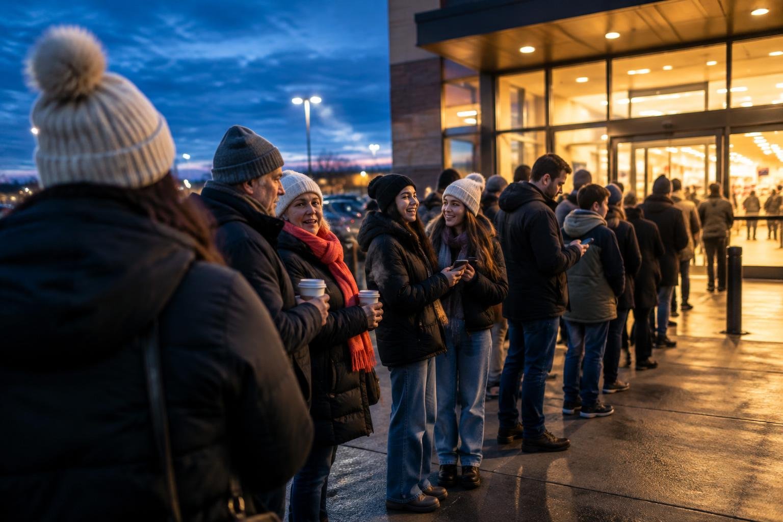 Compradores abrigados haciendo fila en la entrada de un outlet antes del amanecer de Black Friday