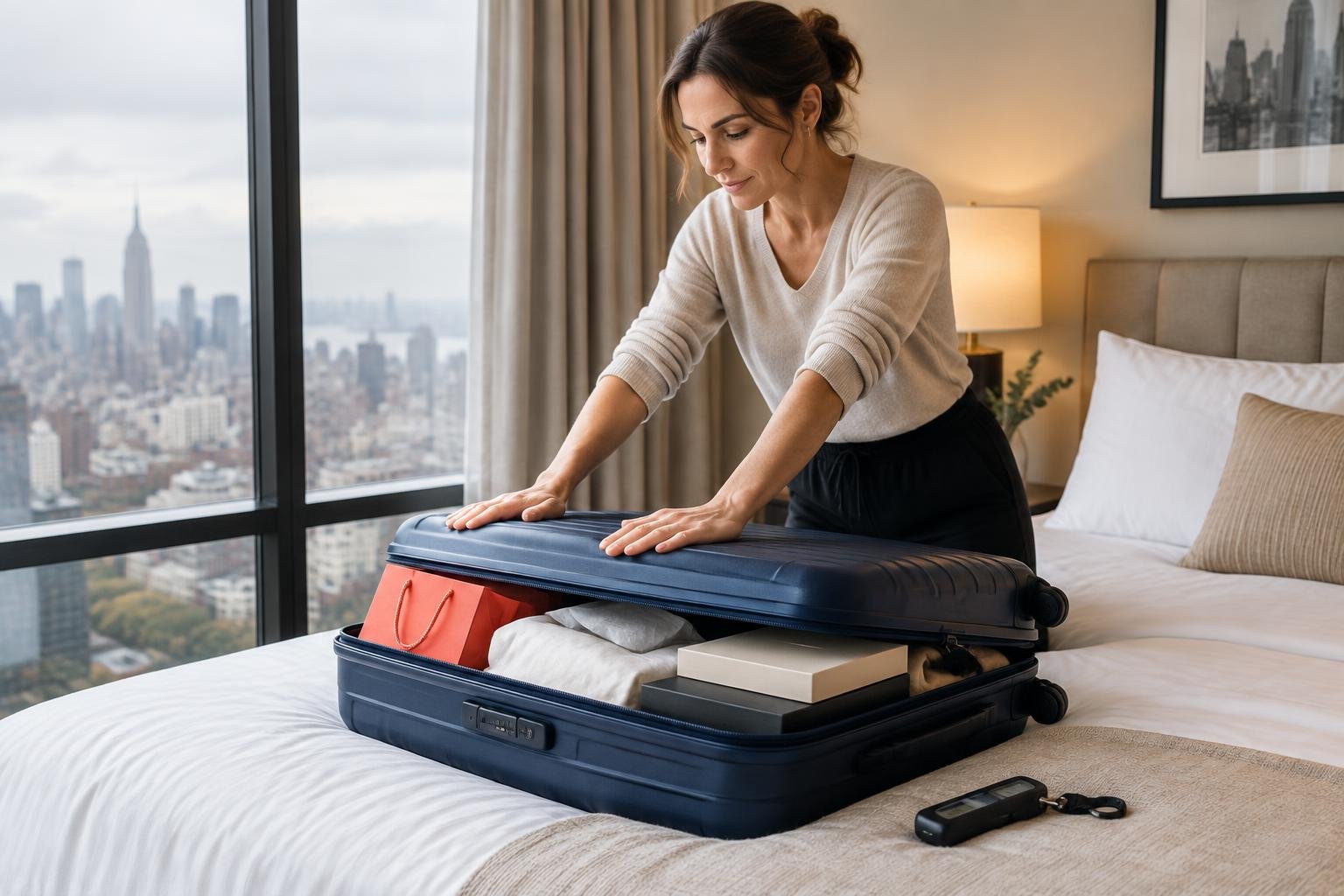 Viajera cerrando una valija llena de compras en la habitación del hotel antes de ir al aeropuerto