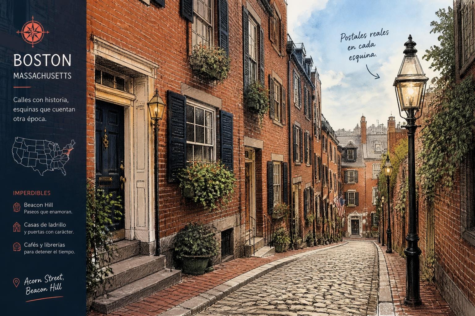 Ilustración a tinta y acuarela de las casas de ladrillo de Beacon Hill en Boston