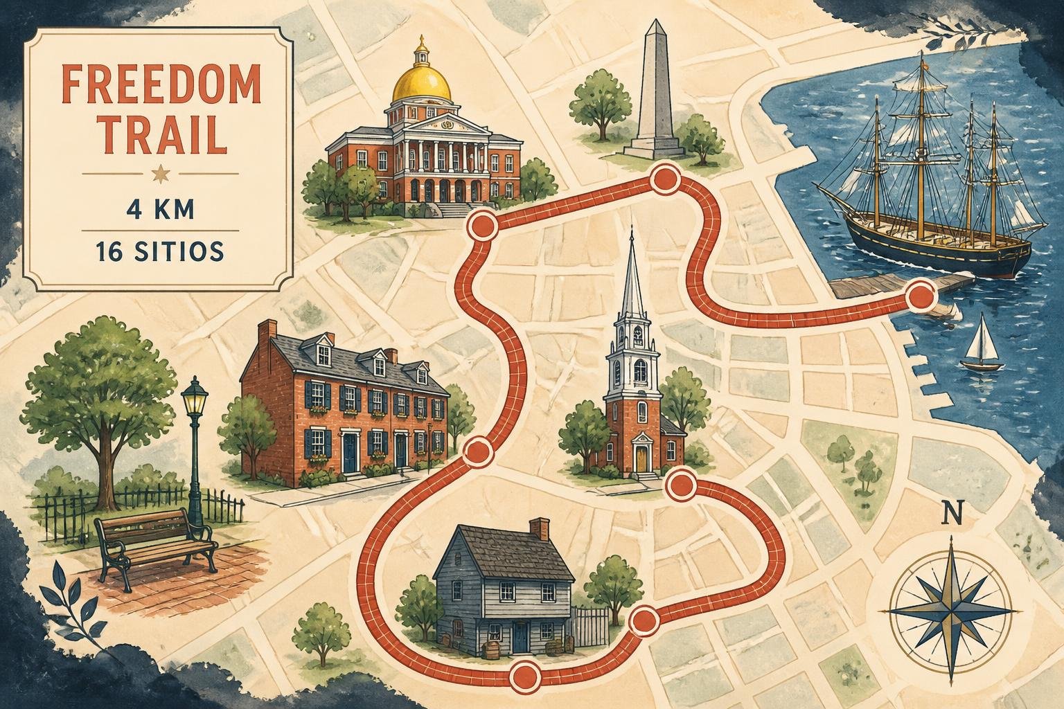 Mapa ilustrado del Freedom Trail de Boston con la línea roja conectando los sitios históricos