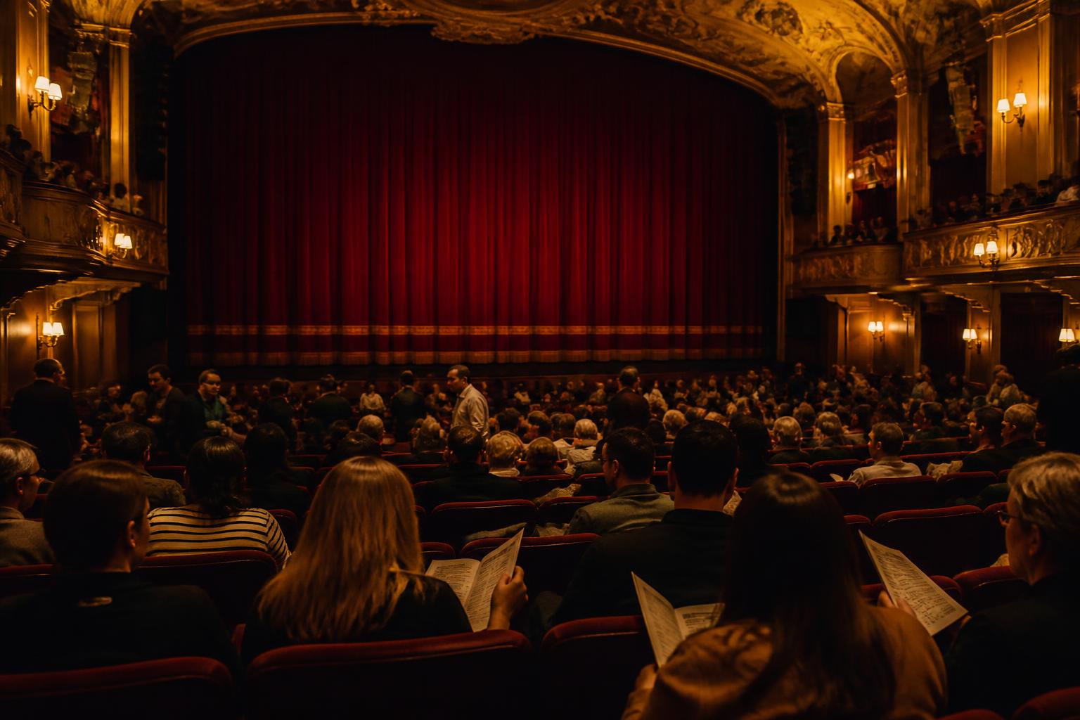 Interior de un teatro clásico de Broadway con butacas rojas llenas y telón rojo bajado momentos antes de empezar la función