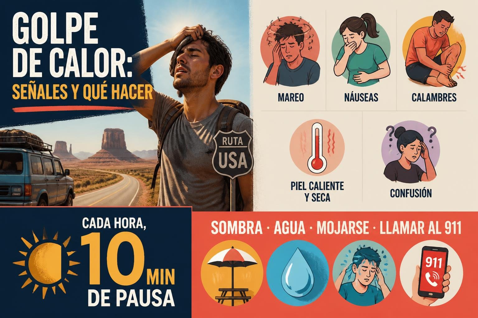 Infografía con las señales del golpe de calor y los cuidados básicos para el verano en Estados Unidos