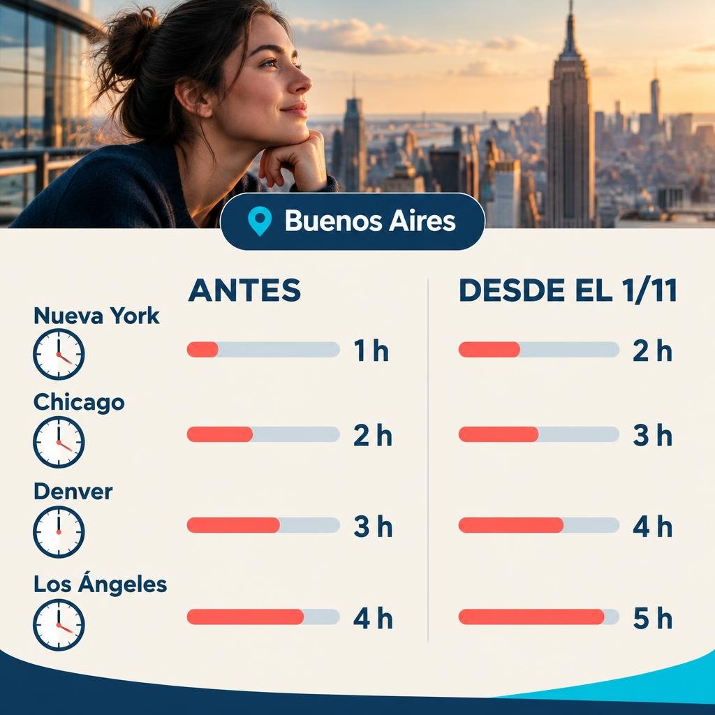 Infografía con la diferencia horaria entre Buenos Aires y Nueva York, Chicago, Denver y Los Ángeles antes y después del 1 de noviembre