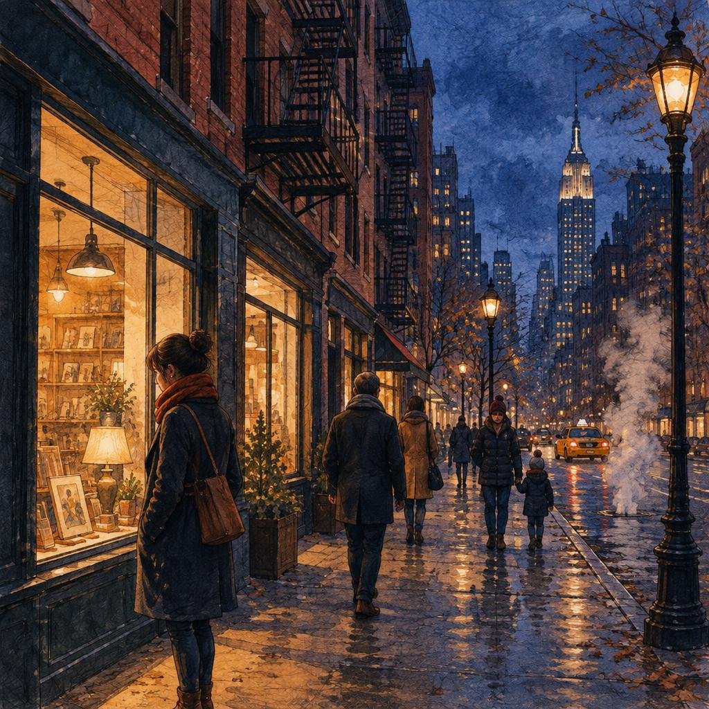 Calle de Nueva York con vidrieras encendidas y gente caminando cuando ya es de noche a las cinco de la tarde en noviembre