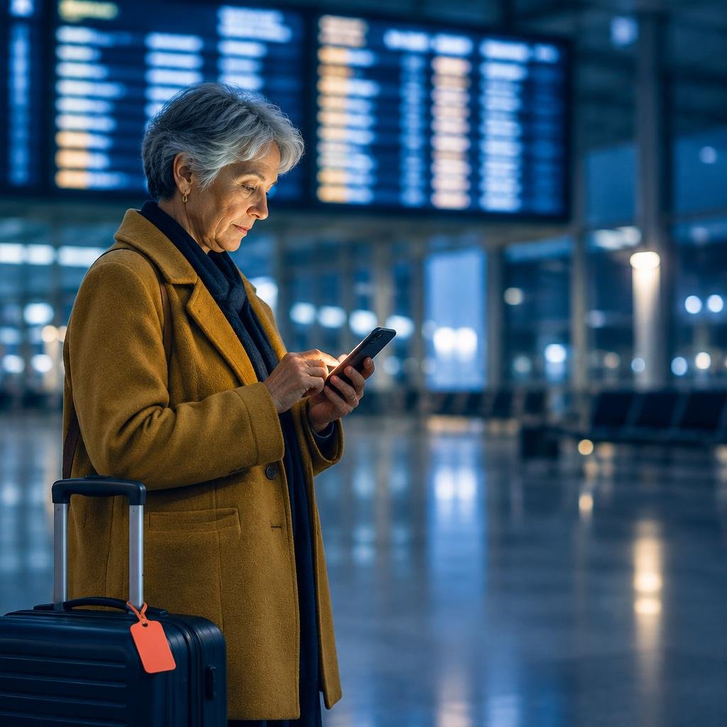 Viajera mayor revisando el celular frente al panel de partidas de un aeropuerto de Estados Unidos de madrugada