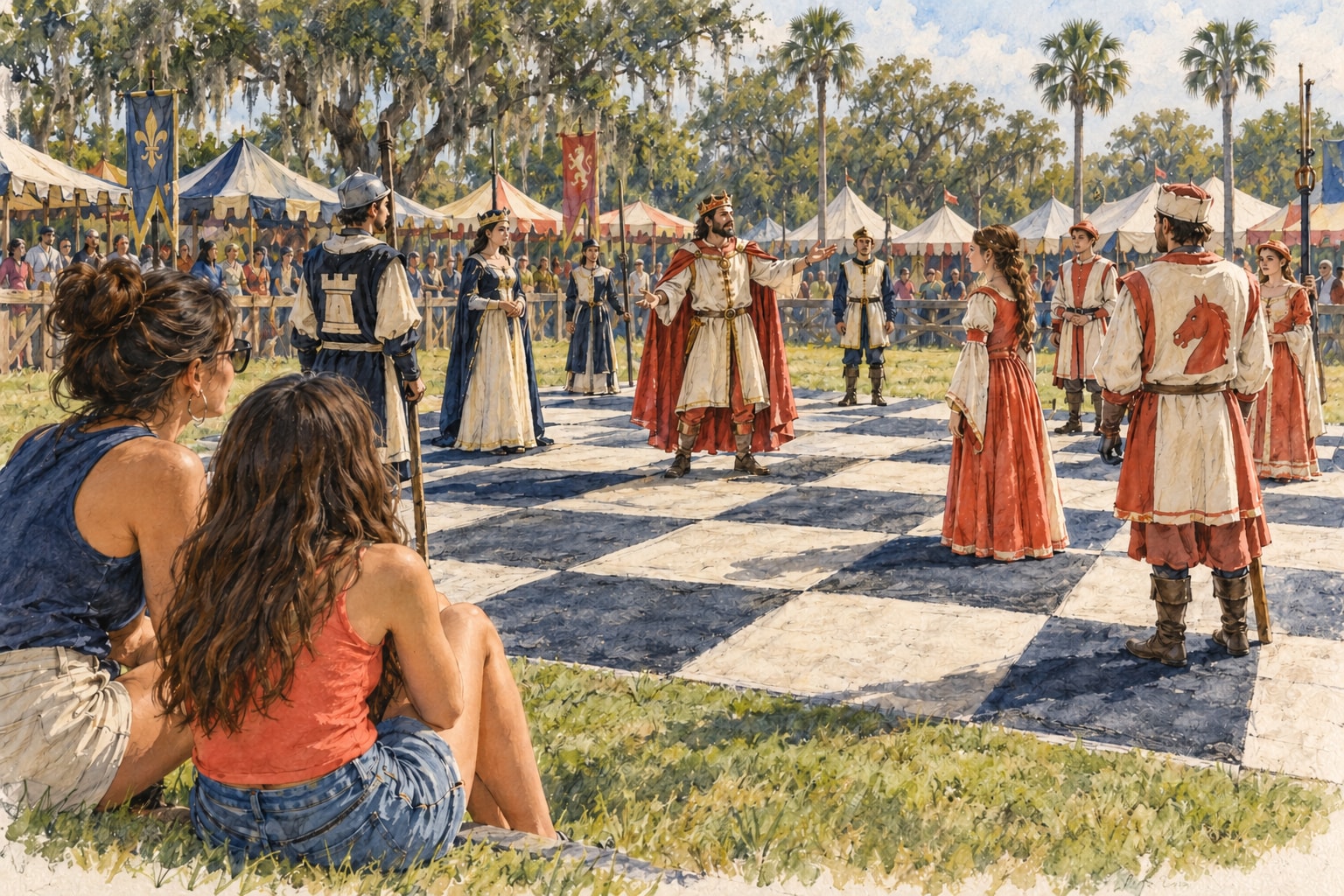 Ilustración de intérpretes con vestuario medieval en un tablero de ajedrez gigante, rodeados de público