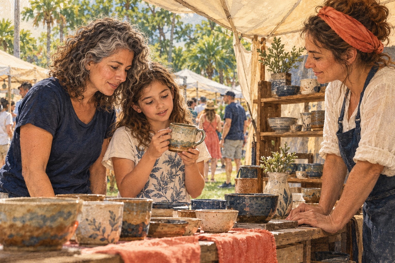 Ilustración de una madre y una niña mirando piezas de cerámica en un puesto de artesanos de una feria al aire libre