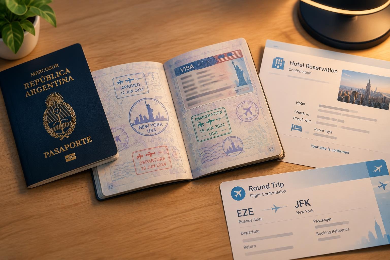 Reserva de hotel, pasaje de vuelta y pasaporte argentino sobre una mesa antes del viaje