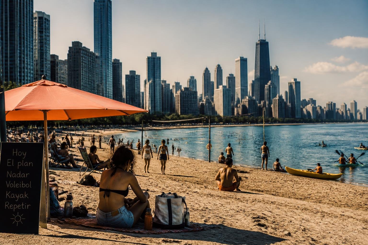Escena de verano en North Avenue Beach de Chicago, con gente y el skyline detrás del lago Michigan