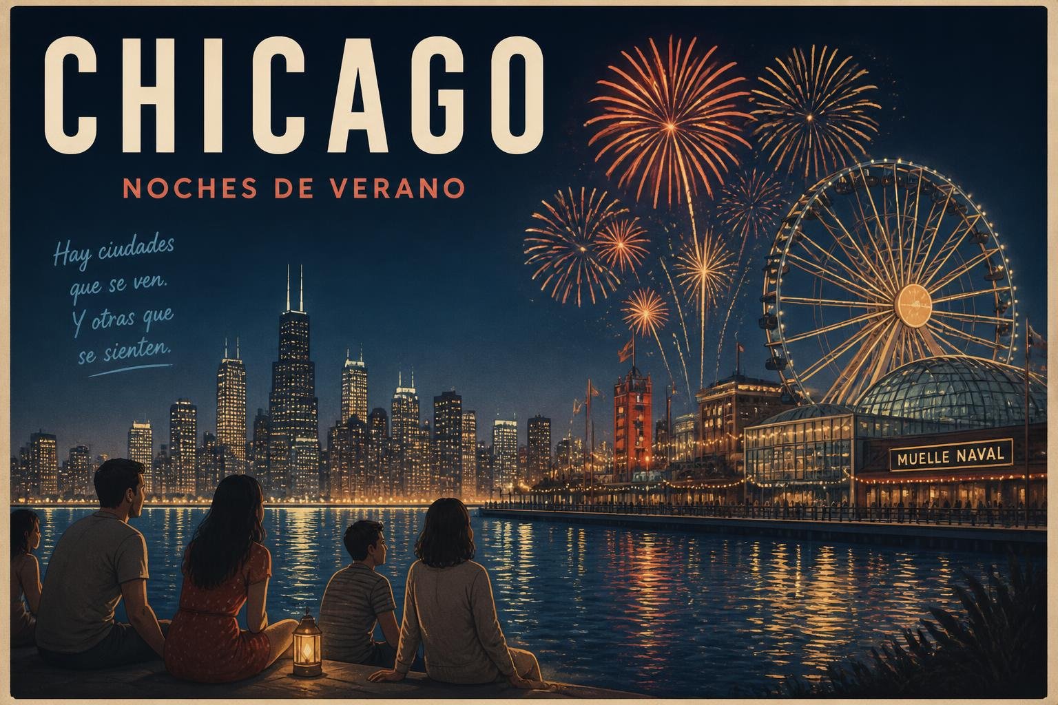 Afiche estilo retro de los fuegos artificiales de verano sobre el Navy Pier de Chicago