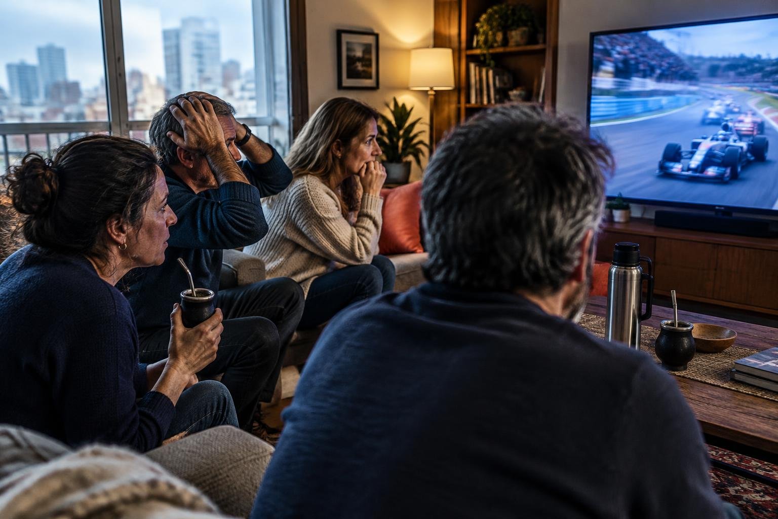 Grupo de amigos en un living de Buenos Aires mirando la carrera en la tele un domingo a la tarde, con mate sobre la mesa
