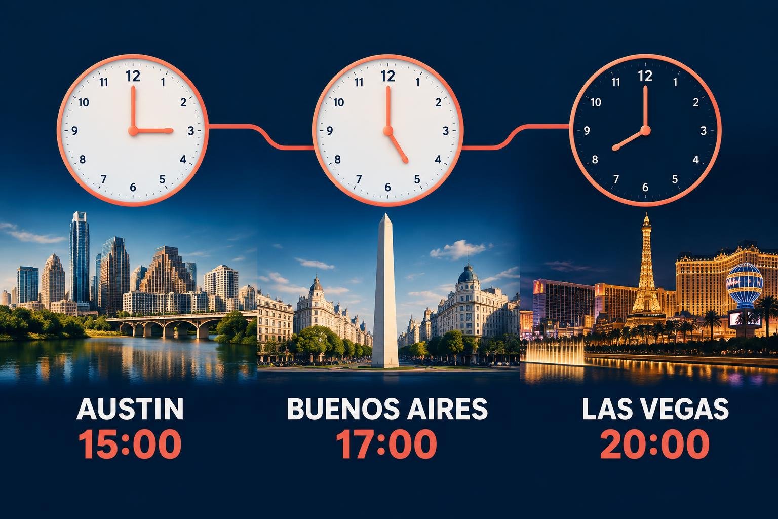 Infografía editorial con dos relojes que comparan la hora de largada en Austin y en Buenos Aires, y una tercera marca para la carrera nocturna de Las Vegas