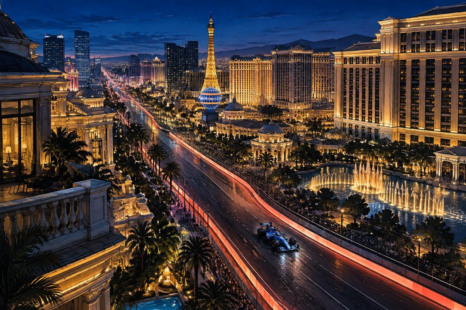 Render a tinta del Strip de Las Vegas de noche con el trazado del circuito callejero marcado entre los hoteles