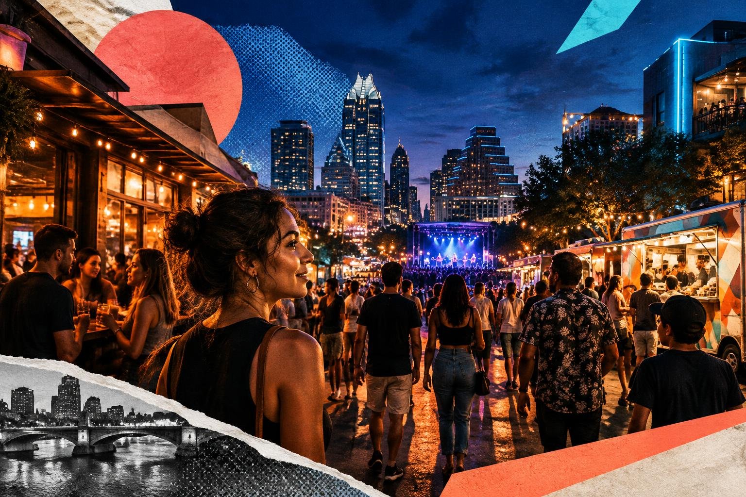 Calle del centro de Austin con gente caminando el fin de semana del Gran Premio