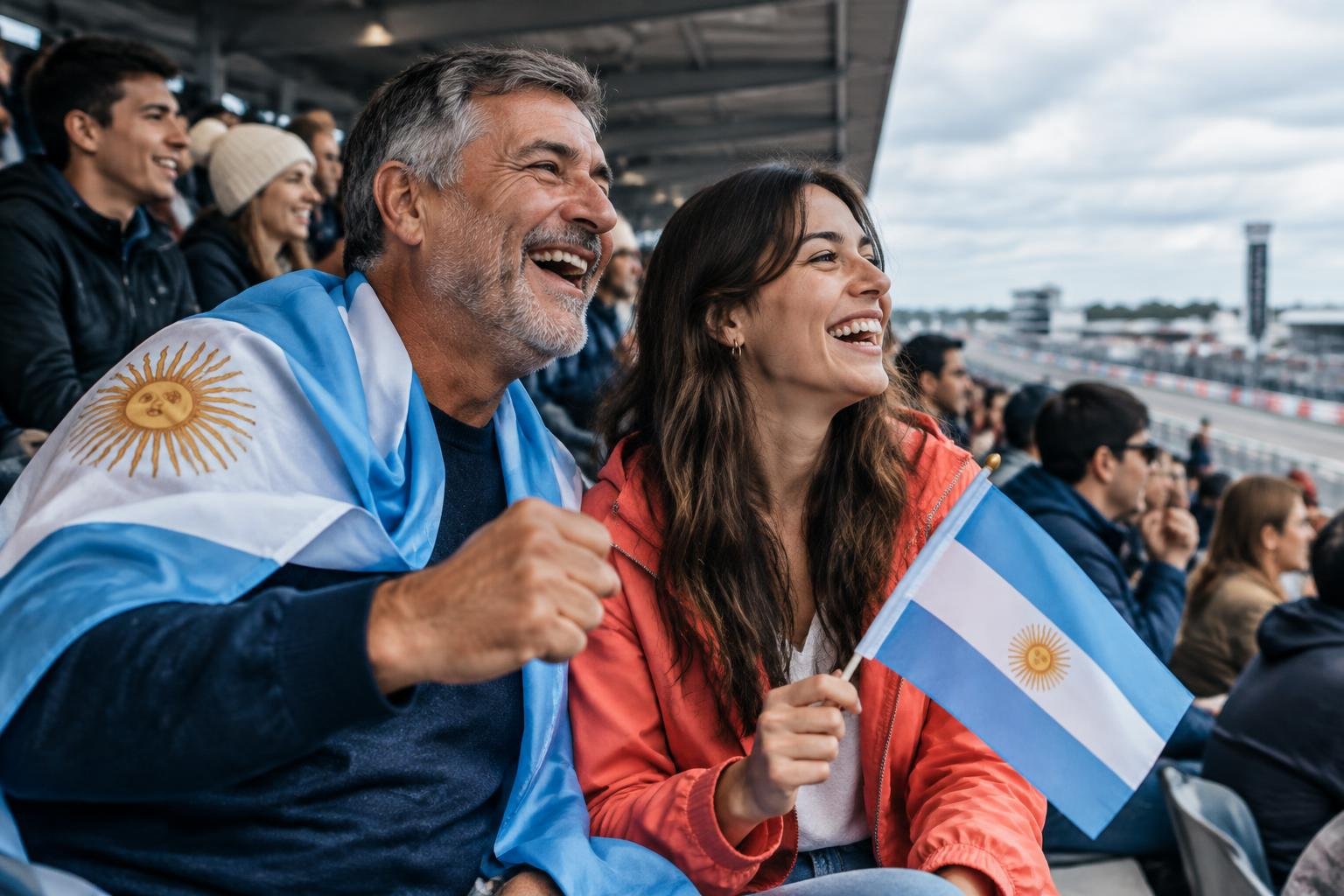 Grupo de fanáticos con banderas argentinas en las gradas de un circuito de Fórmula 1