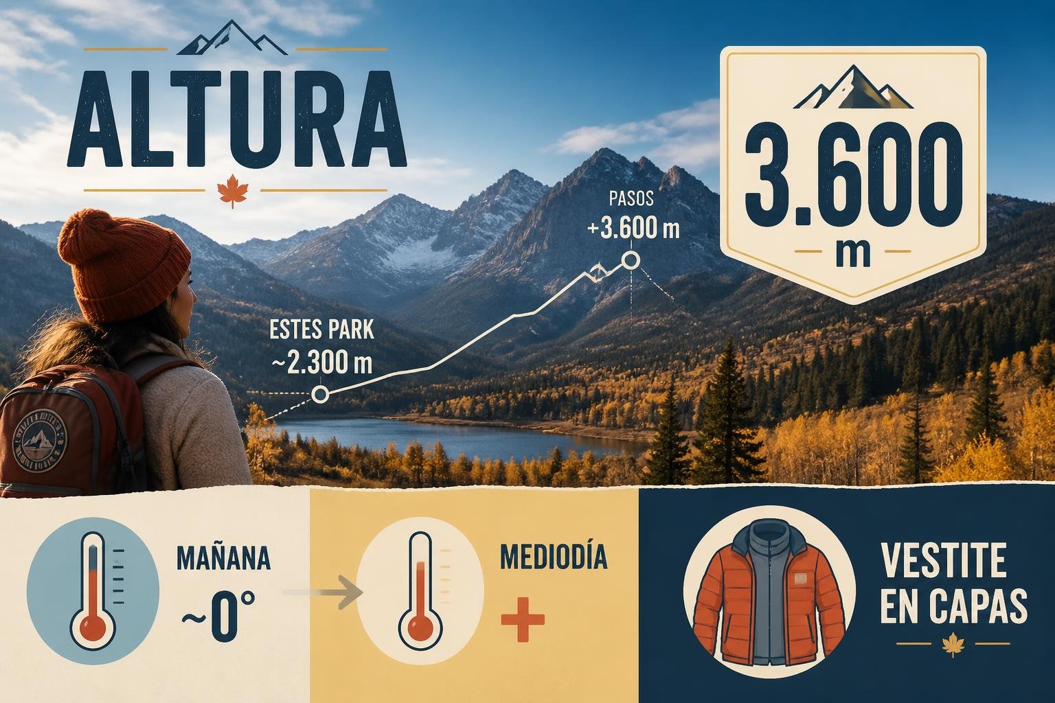 Infografía editorial en castellano con la altura de los puntos clave de Colorado, la diferencia de temperatura entre la mañana y el mediodía en otoño, y un ícono de vestimenta en capas