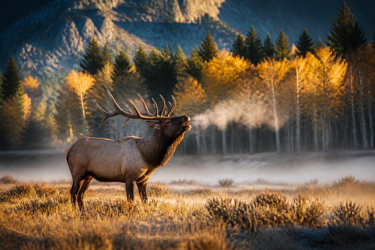 Ciervo elk macho bramando al amanecer en un prado dorado de las Montañas Rocosas, con niebla baja y álamos amarillos de fondo