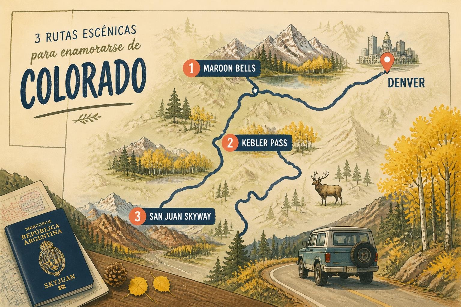 Mapa ilustrado de Colorado con las tres rutas del otoño marcadas: Maroon Bells cerca de Aspen, Kebler Pass junto a Crested Butte y el San Juan Skyway alrededor de Telluride, con íconos de auto, montañas y álamos