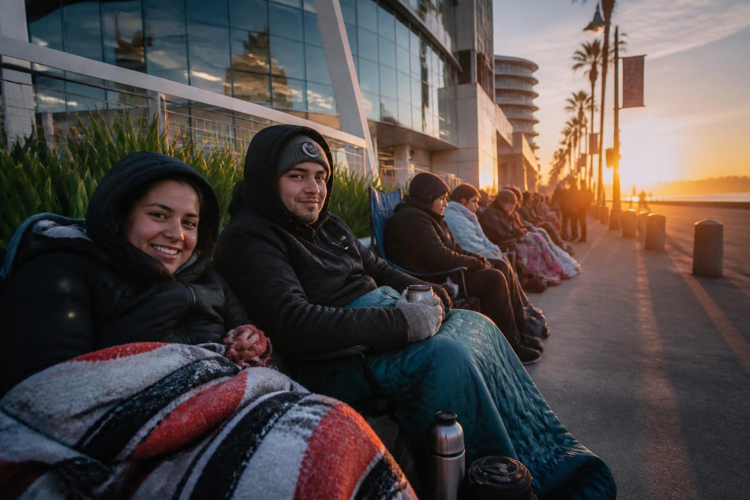 Fotografía documental de fans esperando al amanecer en la fila de Hall H frente al centro de convenciones de San Diego