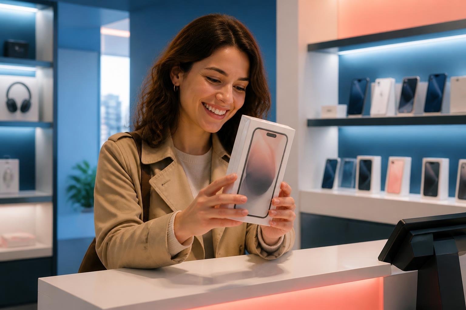 Manos sosteniendo la caja de un iPhone nuevo dentro de una tienda de tecnología de Estados Unidos