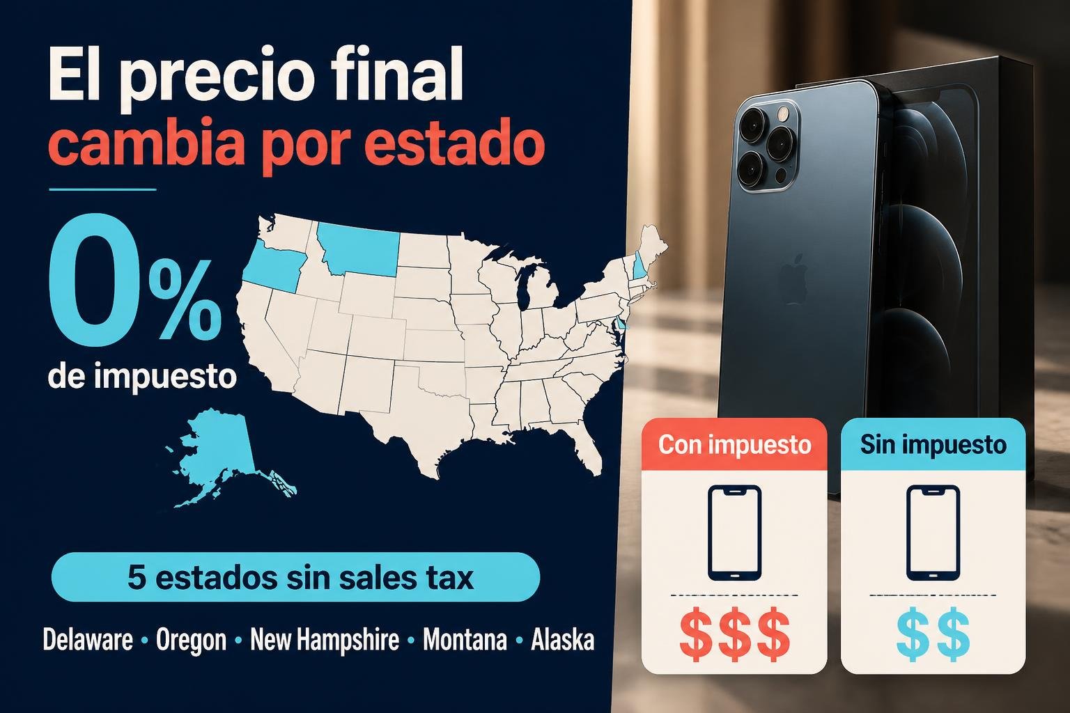 Infografía en castellano que compara el precio de un iPhone con y sin sales tax y muestra los cinco estados sin impuesto estatal