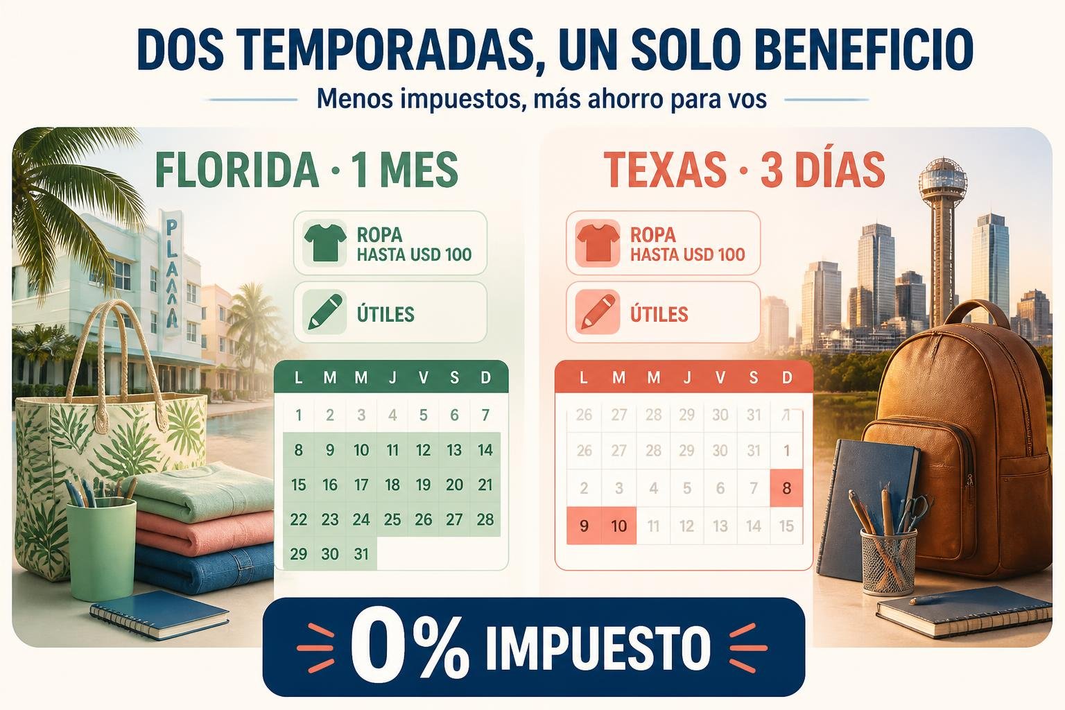 Infografía editorial comparando Florida y Texas: un panel muestra un mes completo, el otro un fin de semana, con los topes de precio en pesos y dólares, texto corto en castellano