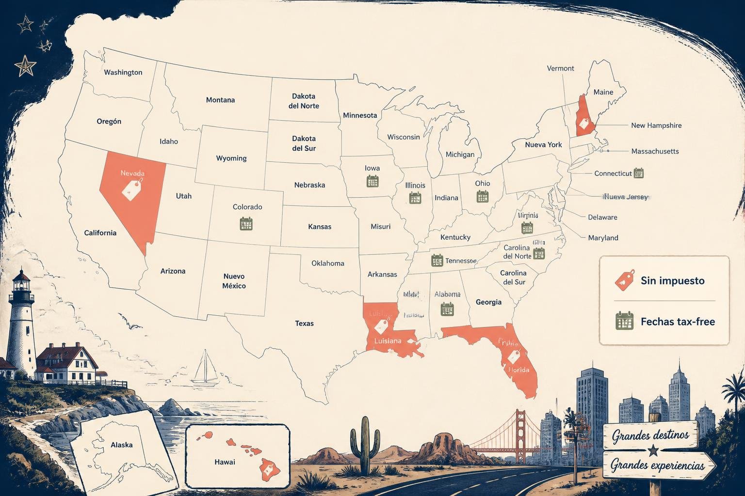 Mapa ilustrado de Estados Unidos con los cinco estados sin impuesto estatal resaltados en coral y los estados con fechas tax-free marcados con una etiqueta de calendario, paleta navy y beige