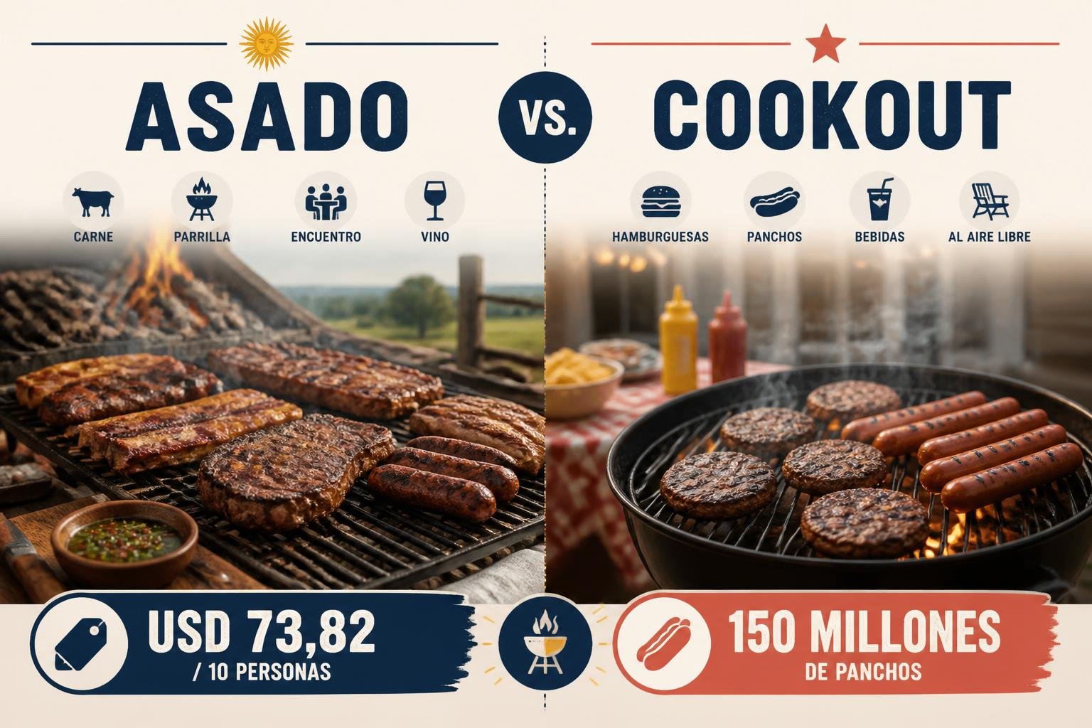 Comparación visual entre el asado argentino y el cookout estadounidense del 4 de julio con datos de costos