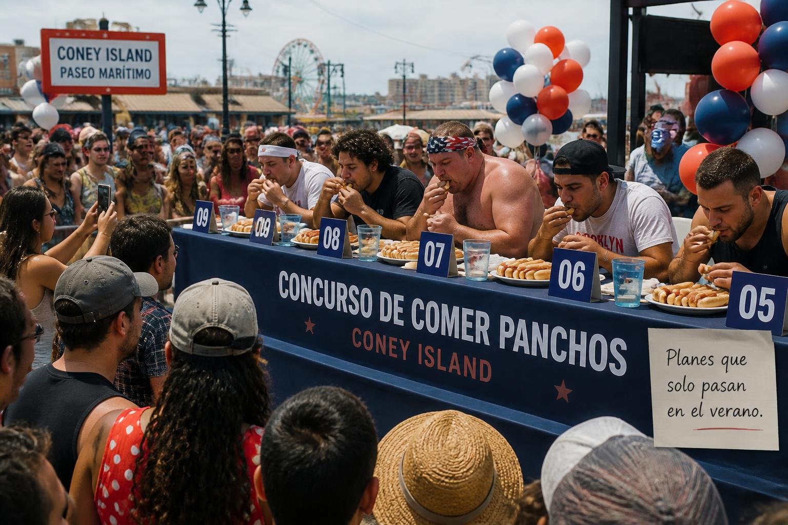 Escenario del concurso de comer hot dogs frente a una multitud en Coney Island, ambiente de feria y verano